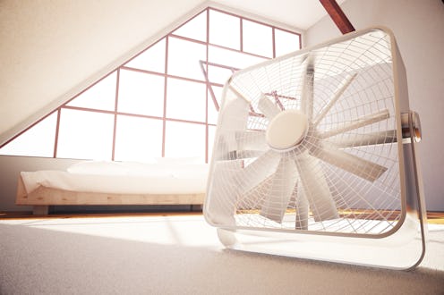 Closeup of fan in bedroom interior. 3D Rendering