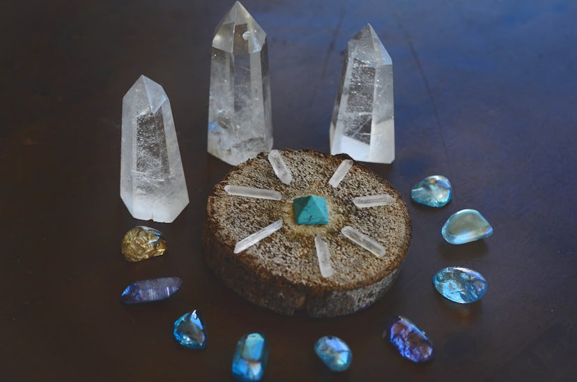 Beautiful, sparkling healing crystals. Witchy crystal grid, wiccan alter set up. Healing energy, sho...