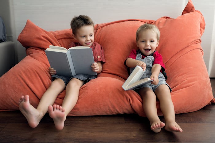 Two boys sit with books on a soft armchair. Family brothers read books positively.
