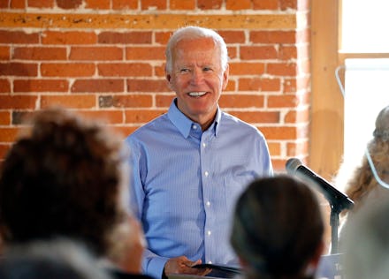 Democratic presidential candidate former Vice President Joe Biden smiles as he speaks during a campa...