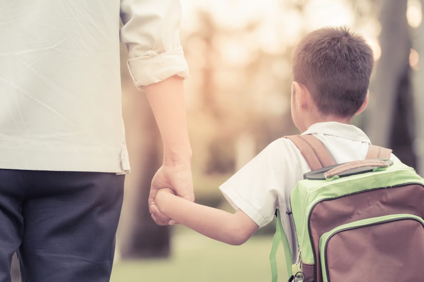 Father and son hold hands together are walking in the garden at evening with vintage color tone
