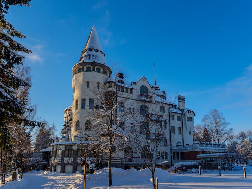 Mystery in White and Blue. Snowy and Sunny Imatra, Finland. Castle Hotel View