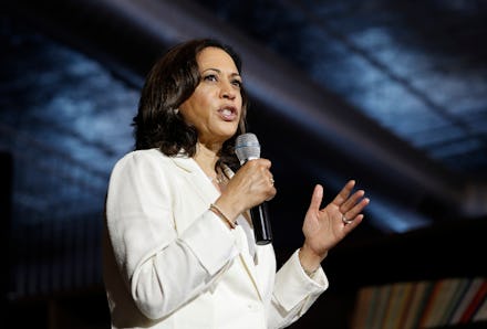 Democratic presidential candidate Sen. Kamala Harris, D-Calif., speaks at a campaign event on health...