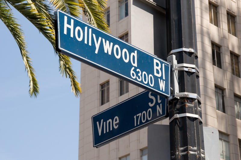 Street sign marking the famous intersection of Hollywood and Vine Streets in Los Angeles, California