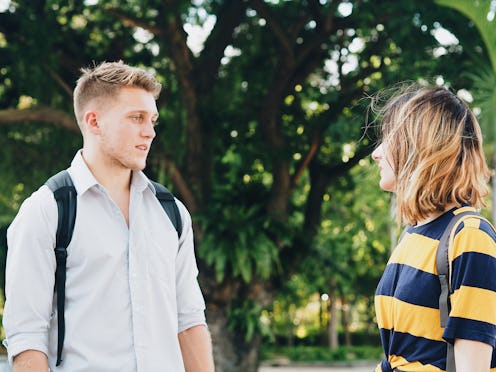 Couple lover talking together in the park,they've some problem in relationships.