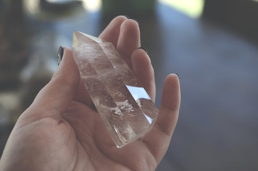 Clear Quartz crystal tower, carved crystal tower. Woman's hand holding clear quartz tower. Witchy de...