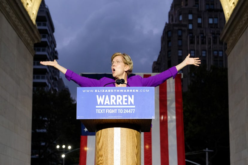Presidential Candidate Elizabeth Warren speaks during a rally at Washington Square Park in New York ...