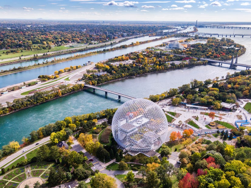 Aerial view of Montreal showing the Biosphere Environment Museum and Saint Lawrence River during Fal...