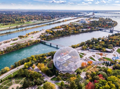 Aerial view of Montreal showing the Biosphere Environment Museum and Saint Lawrence River during Fal...