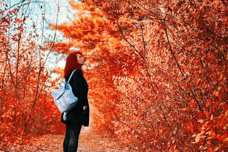 Red-haired woman with blue backpack walks in the forest in autumn.