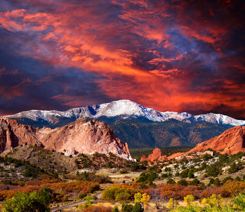 Pikes Peak Soaring over the Garden of the Gods with Dramatic Sky