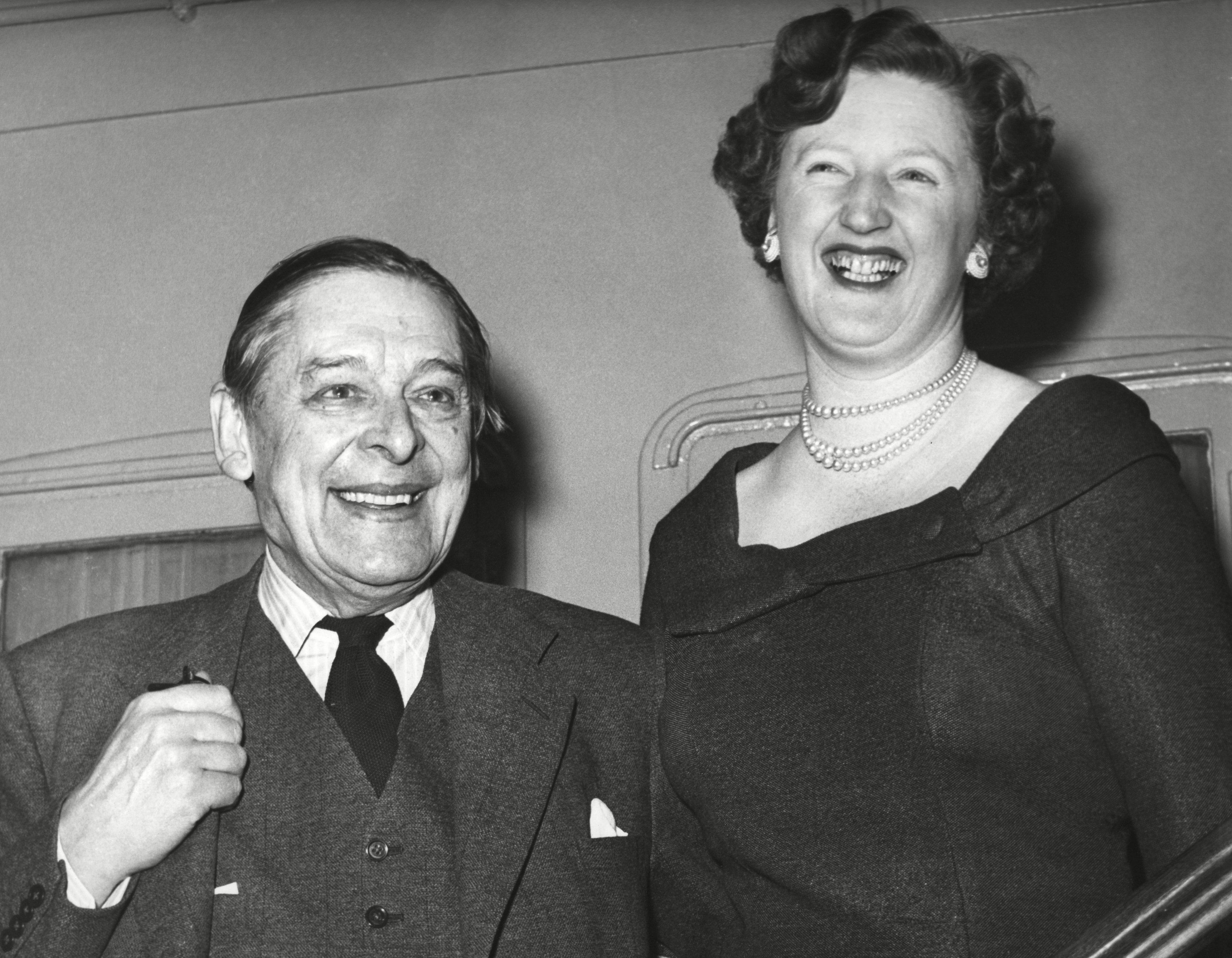 Poet Thomas Stearns Eliot with wife Valerie in New York en route to a vacation in Nassau around