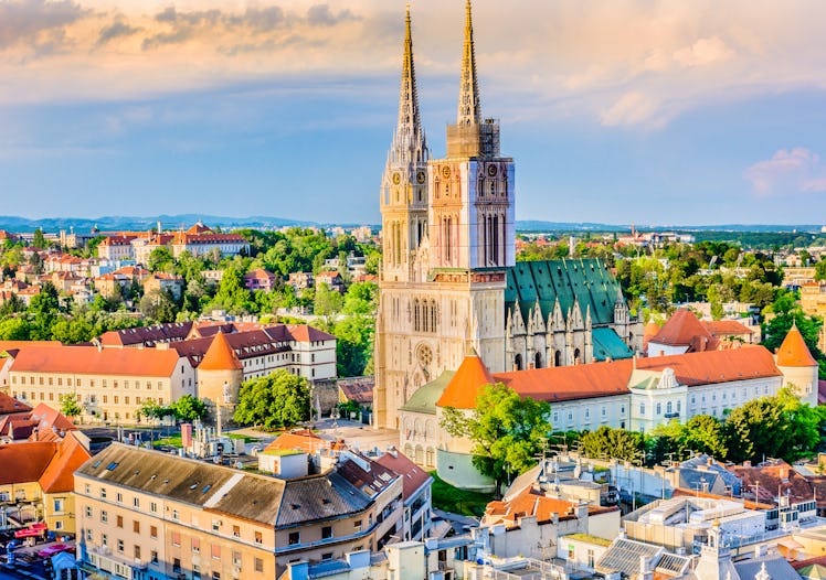 Aerial view on cathedral in Zagreb city, capital town of Croatia, european landmarks. / Zagreb cathe...