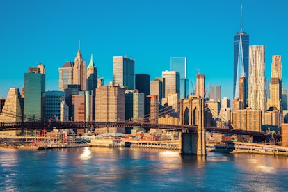 Skyline of downtown New York, Brooklyn Bridge and  Manhattan at the morning light , New York City, U...