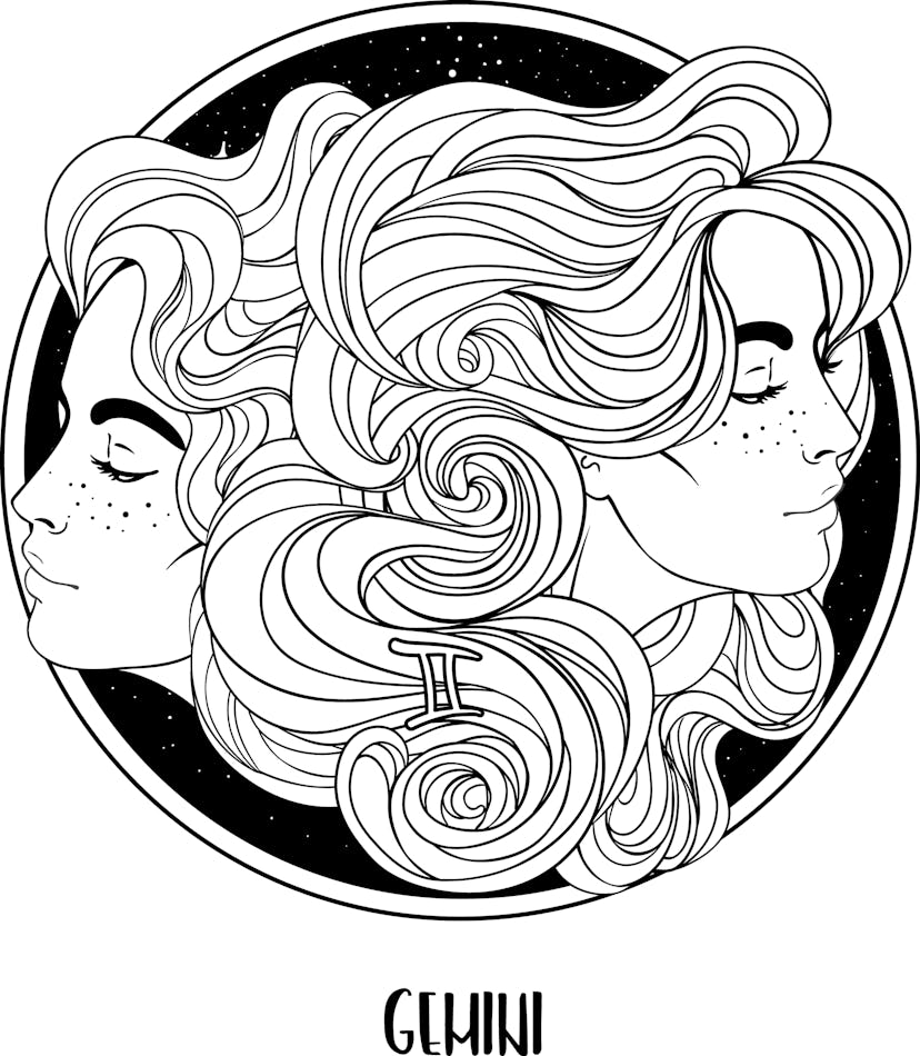 Illustration of Gemini astrological sign as a beautiful girl. Zodiac vector drawing isolated in blac...