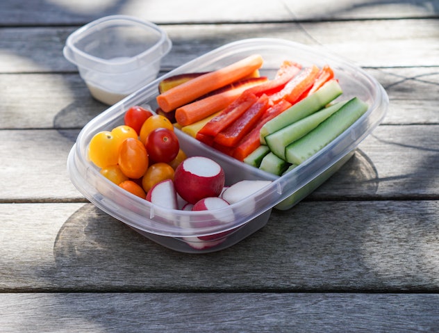 Vegetable platter/ cruditÃ©s, vegetables in plastic container, healthy eating concept