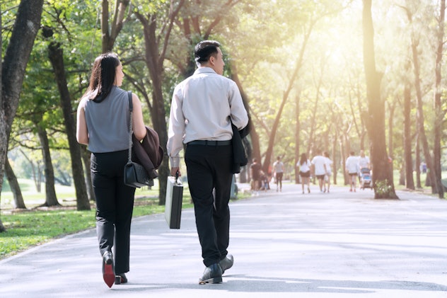 The back of couple businessman and businesswoman walking together within the park relaxed after work...