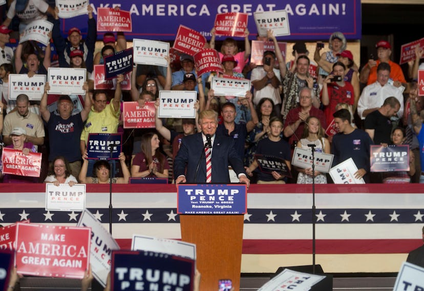 Donald Trump Republican presidential candidate Donald Trump smiles during a rally in Roanoke, Va., ....