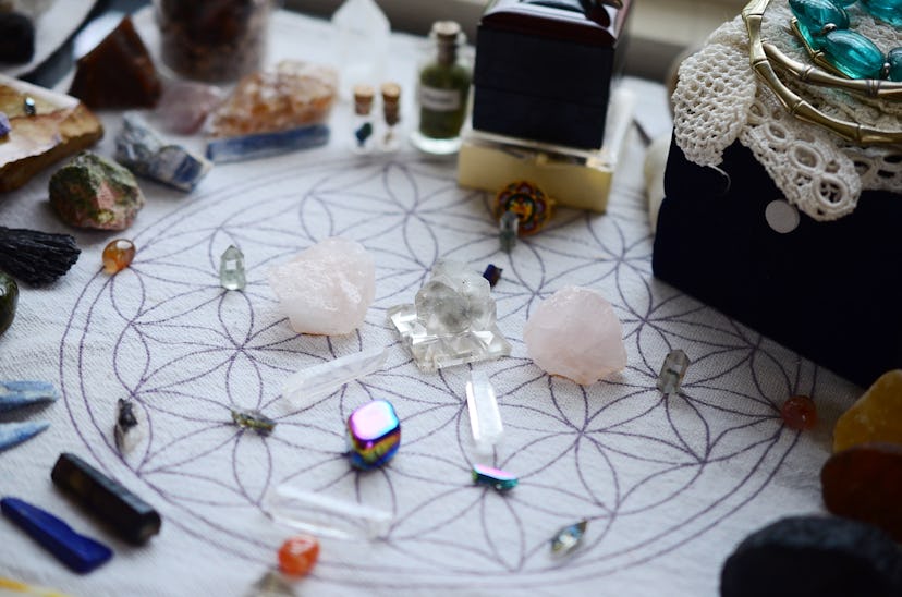 Meditation Grid Kit. Quartz Tower, Natural Citrine, Quartz Points. Variety of colorful crystals on t...