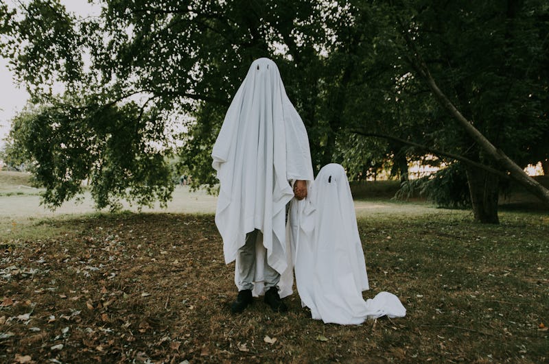 Father and son playing ghosts with white sheets in the garden, conceptual photos about halloween hol...
