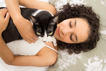 Overhead of black woman enjoying and cuddling cute kitten with green eyes in bed. Concept of love to...