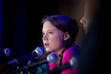 Greta Thunberg speaks as she and 15 other children from across the world present an official human r...