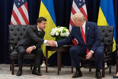 A handout photo made available by Ukraine Presidential Press Service shows Ukraine's President Volod...