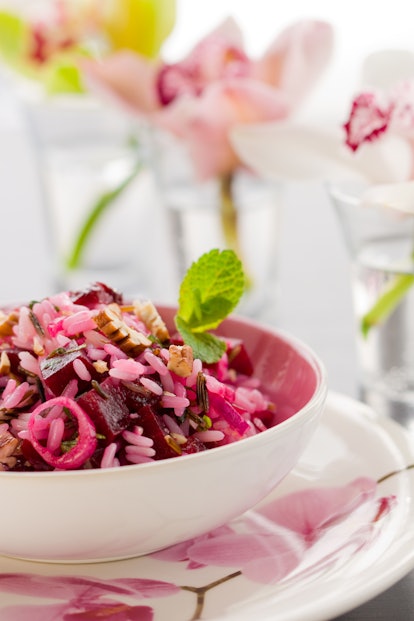  beetroot salad with rice(long-grain rice with wild rice),nut,onion,mint