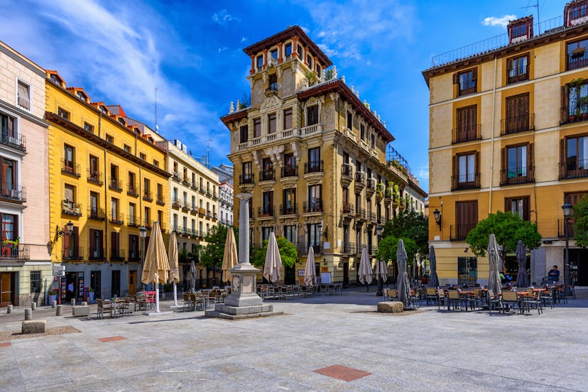 view of old square in Madrid, Spain. Architecture and landmark of Madrid, postcard of Madrid.