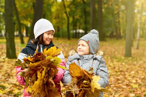 Two intercultural schoolkids with heaps of yellow leaves looking at each other in autumn park