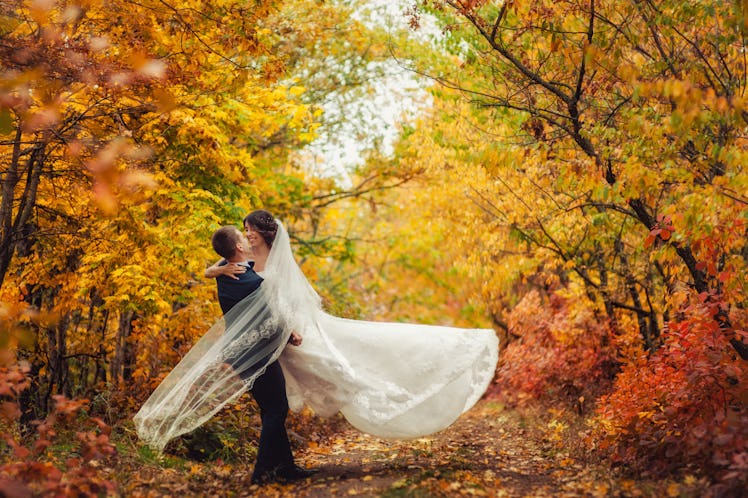 Happy young newly married wedding couple on walk in golden yellow fall autumn park around trees. Gro...