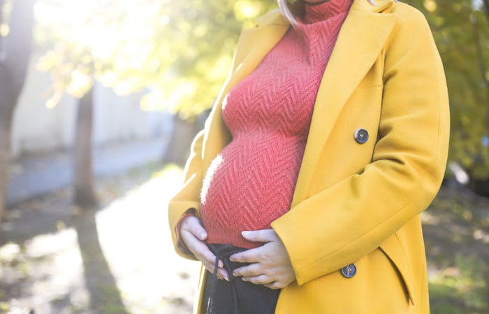 Young pretty pregnant woman outdoors at autumn park