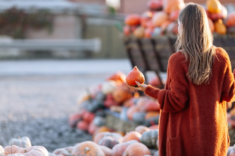 Back view of woman with small pumpkin in hand near wooden wagon with pumpkin on farmers market in br...