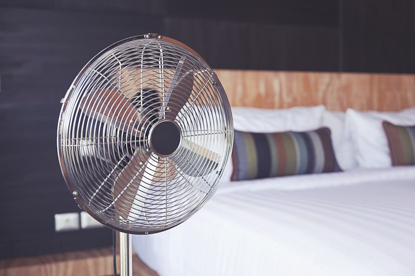 Bed room and metal fan.