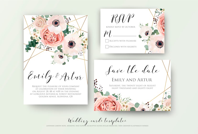 Wedding invite, invitation, rsvp, save the date card design with elegant lavender pink garden rose a...
