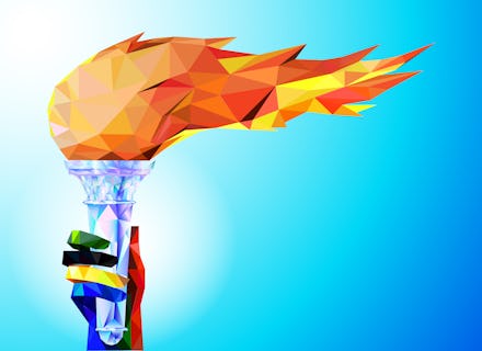 Torch, Flame. A hand from the Olympic ribbons holds the Cup with a torch on a blue background in a g...
