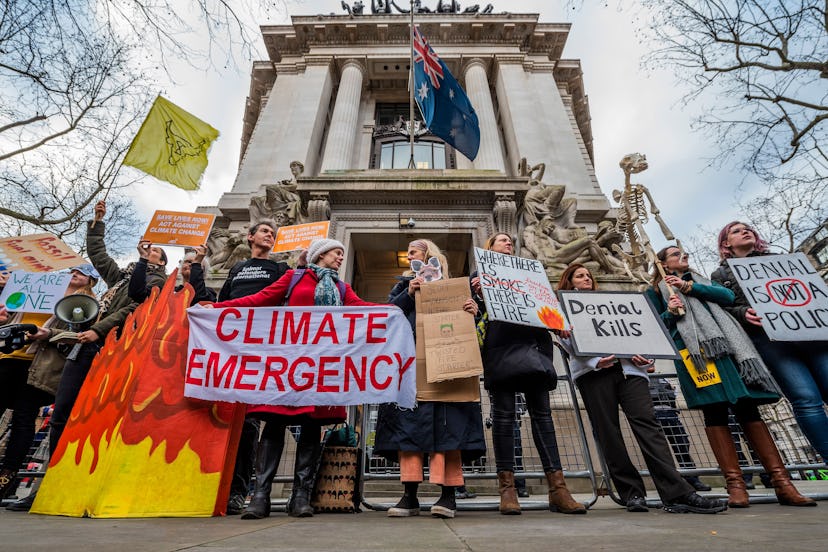 Extinction rebellion gather outside the Australian High Commission, on the Aldwych, to protest about...