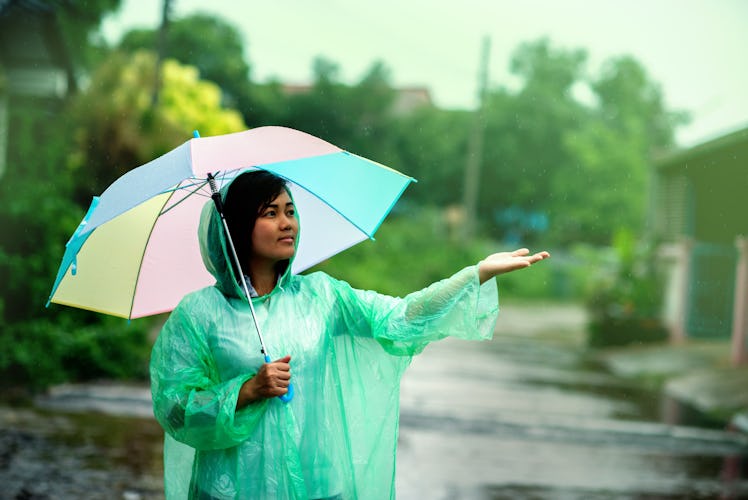 Portrait of beautiful young woman walking with umbrella under rain,raincoat
