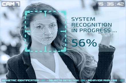 Simulation of a screen of cctv cameras with facial recognition. Facial recognition of a woman in a s...