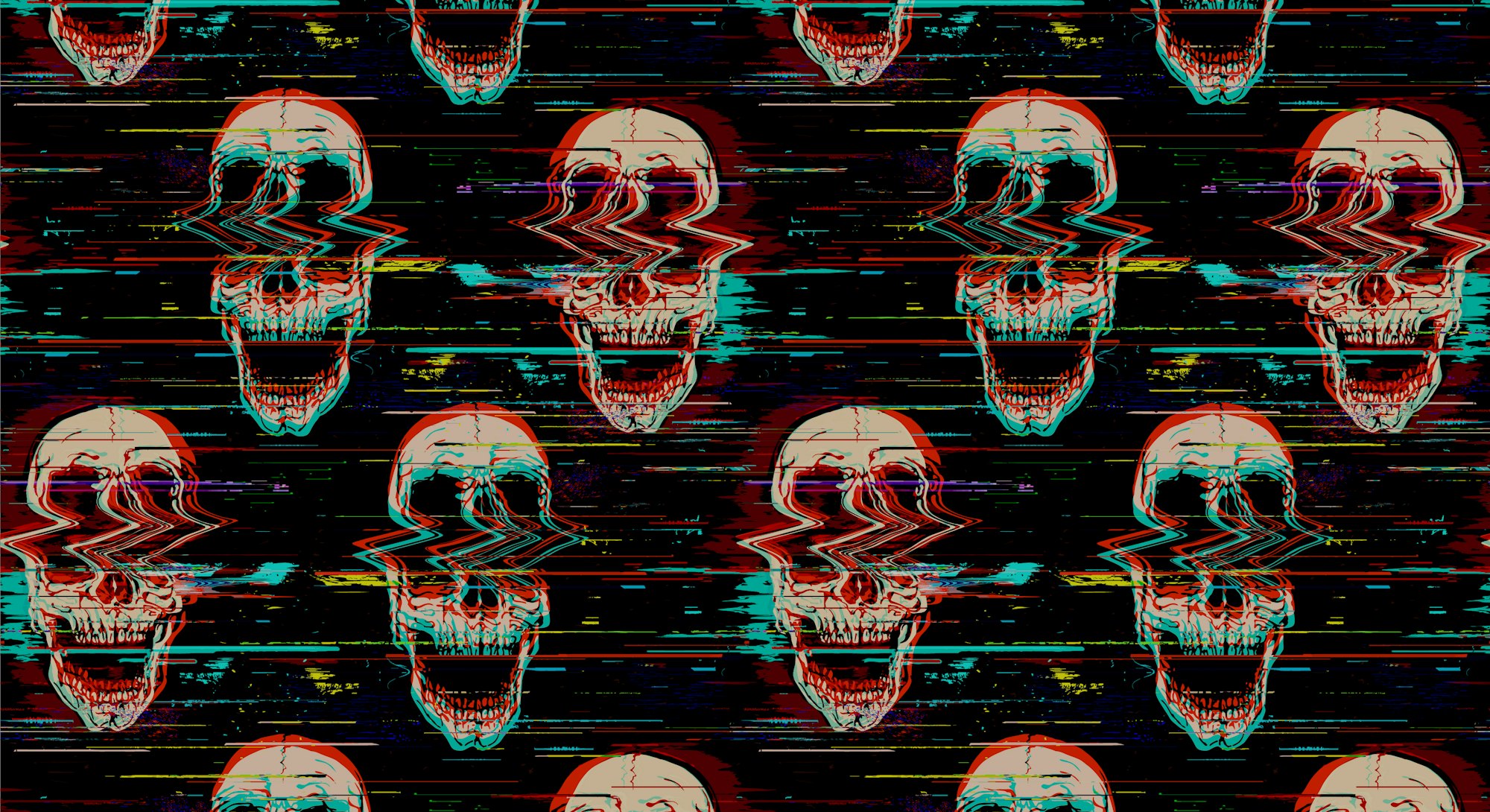 Digital seamless pattern of glitch screaming skull illustration with noise interference from hand dr...