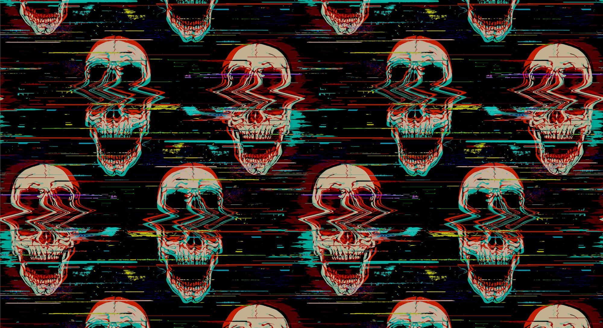 Digital seamless pattern of glitch screaming skull illustration with noise interference from hand dr...