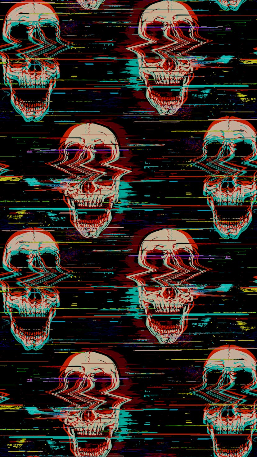 Digital seamless pattern of glitch screaming skull illustration with noise interference from hand dr...