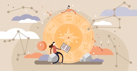 Astrology vector illustration. Flat zodiac constellation knowledge symbols. Abstract ancient calenda...