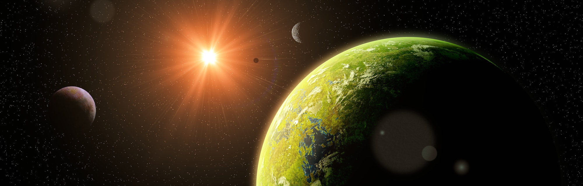 habitable alien world, exoplanets around a distant star, life on exotic planet (3d space illustratio...