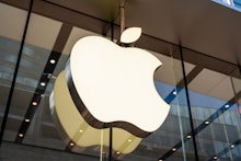 American multinational technology company Apple store and logo.