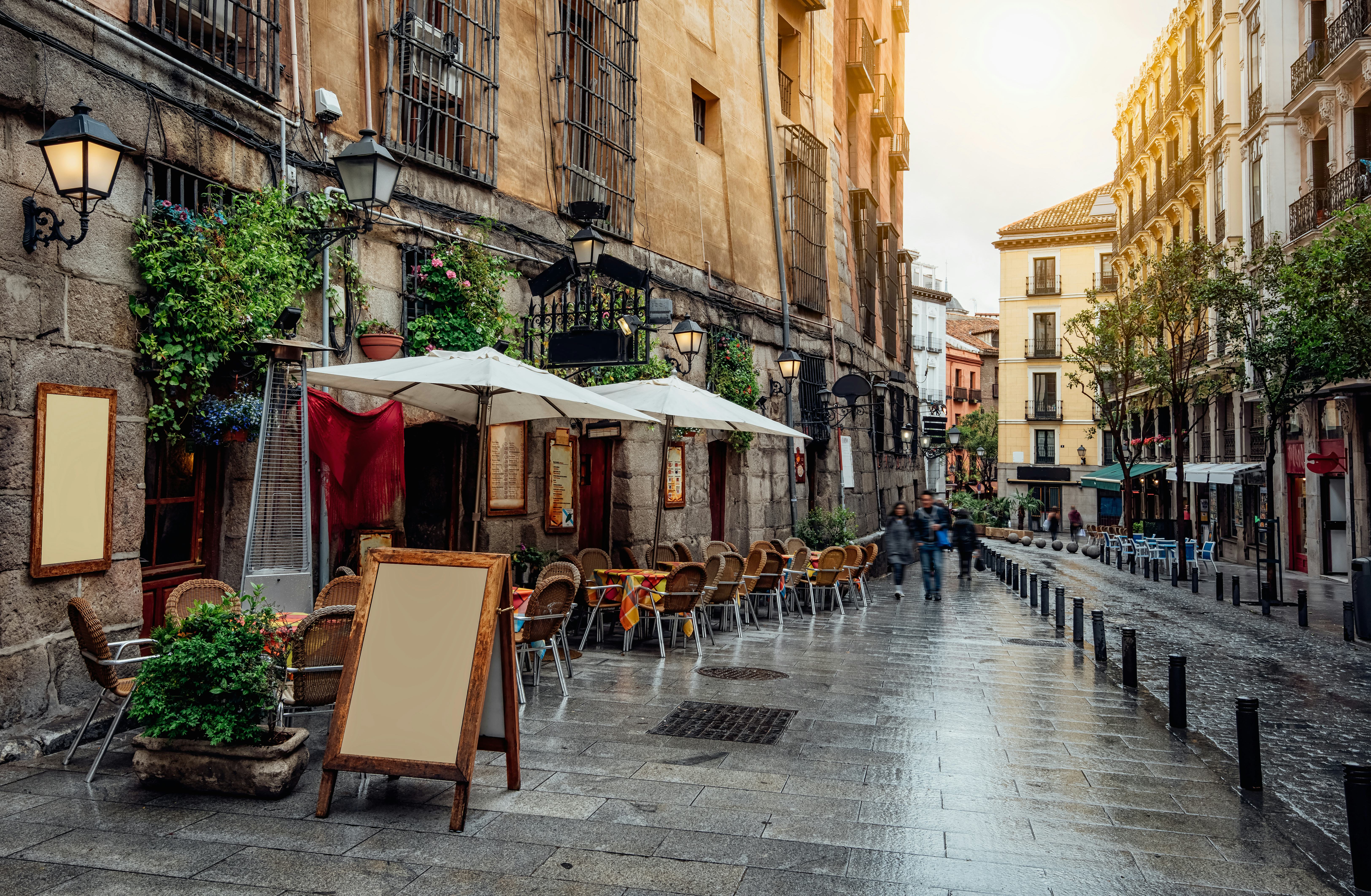 Old cozy street in Madrid, Spain. Architecture and landmark of Madrid, postcard of Madrid.