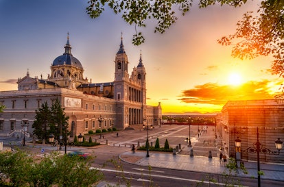 Sunset view of Madrid Cathedral Santa Maria la Real de La Almudena in Madrid, Spain. Architecture an...