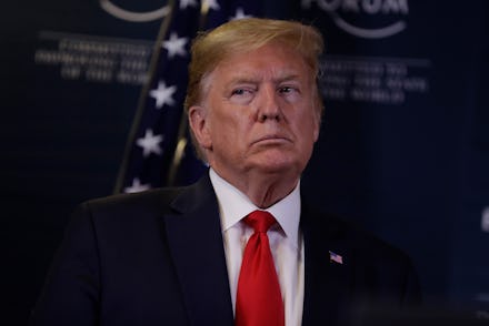 US President Donald Trump joins a news conference at the World Economic Forum in Davos, Switzerland,...