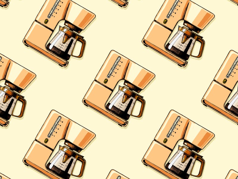 Seamless pattern with coffee machines. Single-cup maker, drip coffeemaker, percolator and espresso m...
