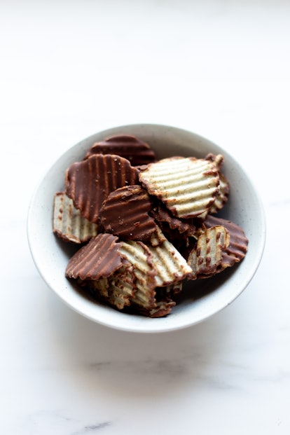 Chocolate-covered potato chips are an easy sweet and salty Super Bowl treat.